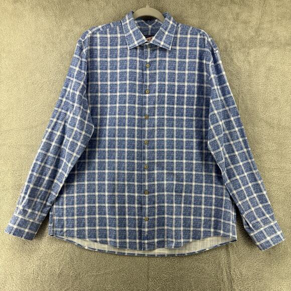 Johnnie O Shirt Mens L Laguna Blue Plaid Hangin Out LS Button Front Collared - Picture 1 of 13